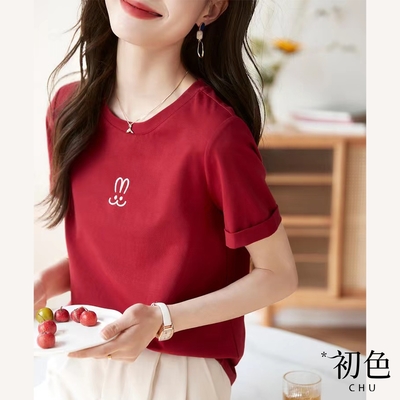 初色 簡約兔子刺繡圓領休閒T恤上衣-紅色-67550(M-2XL可選)