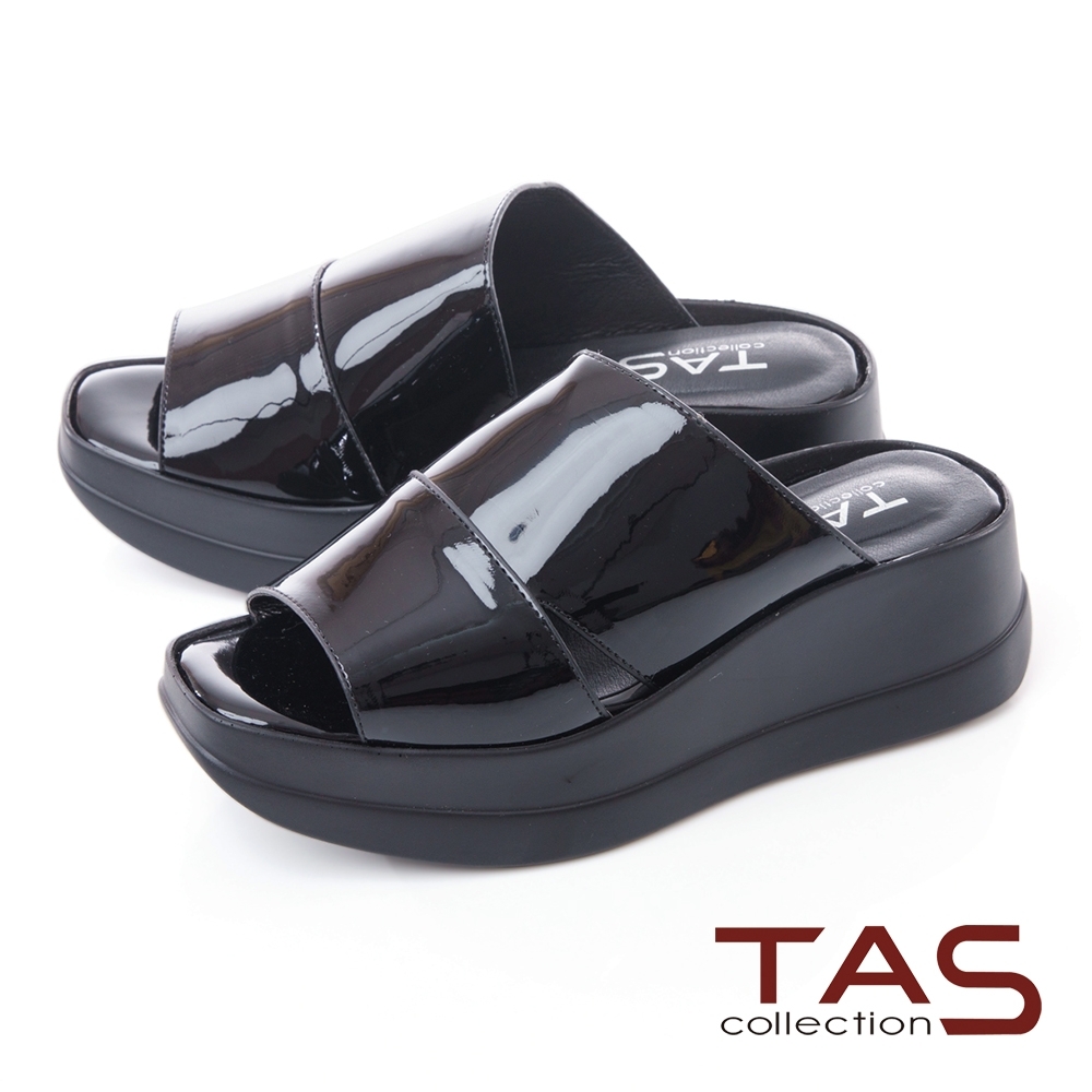 TAS雙側鏤空寬繫帶厚底楔型拖鞋-個性黑