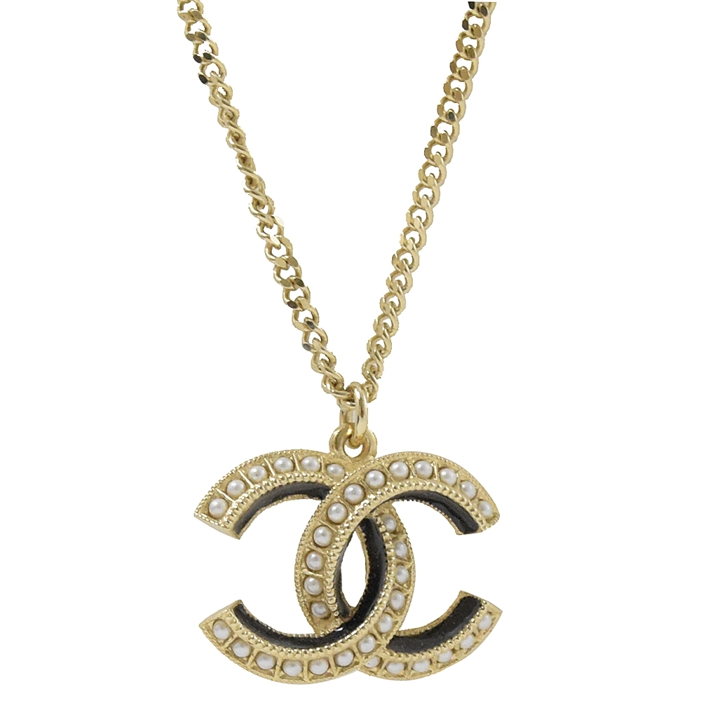 CHANEL 經典C LOGO鑲珍珠裝飾項鍊(金/黑)