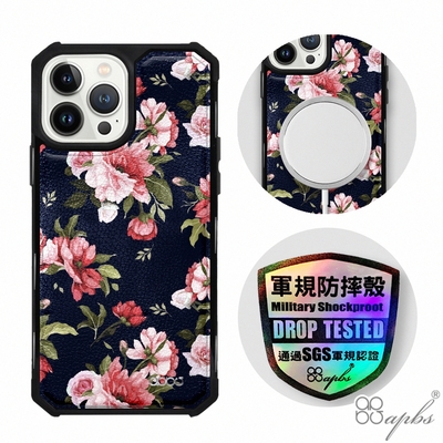 apbs iPhone 13 Pro Max / 13 Pro / 13 軍規防摔皮革磁吸手機殼-經典牛紋-花語-粉玫瑰(上光版)黑殼