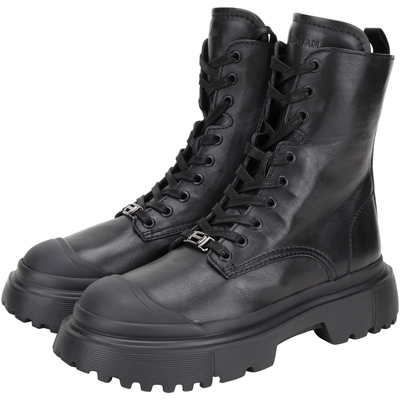 HOGAN H619 橡膠鞋頭拼接小牛皮綁帶中筒軍靴(黑色)