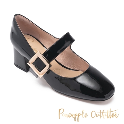 Pineapple Outfitter-GALDESA 真皮方釦中跟瑪莉珍鞋-鏡黑