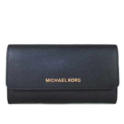 MICHAEL KORS Jet Set Travel 金字Logo素面防刮皮革三折壓扣式長夾(黑色)