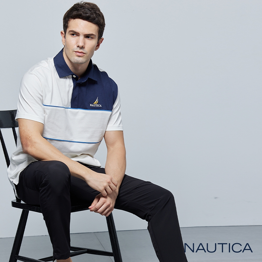 Nautica 男裝 撞色休閒短袖POLO衫-白色