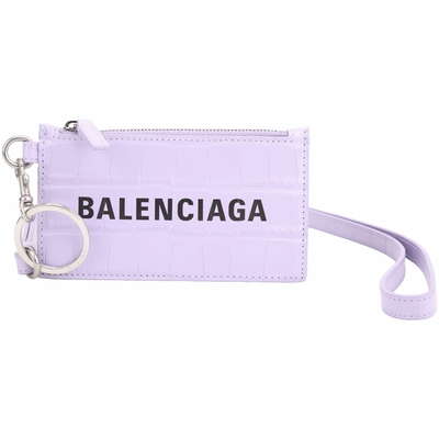 BALENCIAGA 可拆掛頸背帶字母鱷魚紋壓花小牛皮卡片夾/零錢包(粉紫色)