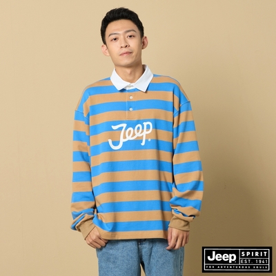 JEEP 男裝 LOGO撞色條紋長袖POLO衫-藍色