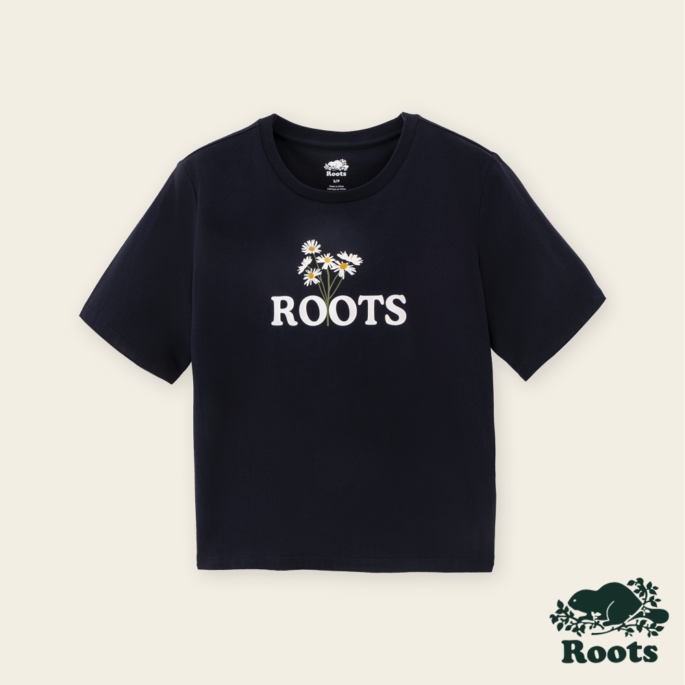 Roots女裝-繽紛花卉系列 刺繡花卉寬版短袖T恤-軍藍色