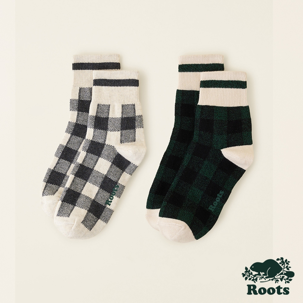 Roots配件-經典小木屋系列 格紋元素舒適踝襪(2入組)-拼色