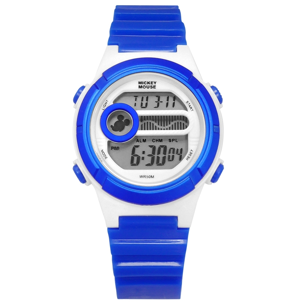 Disney 迪士尼 米奇系列 計時碼錶 鬧鈴 兒童錶 卡通錶 電子 橡膠手錶-藍色/35mm