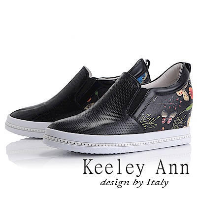 Keeley Ann 設計美學~後跟彩繪水鑽鏤空全真皮休閒鞋(黑色-Ann)