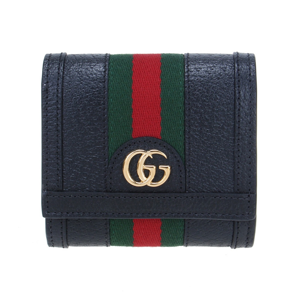 【GUCCI 古馳】719887 經典Ophidia系列GG LOGO織帶皮革飾邊中短夾(黑色)