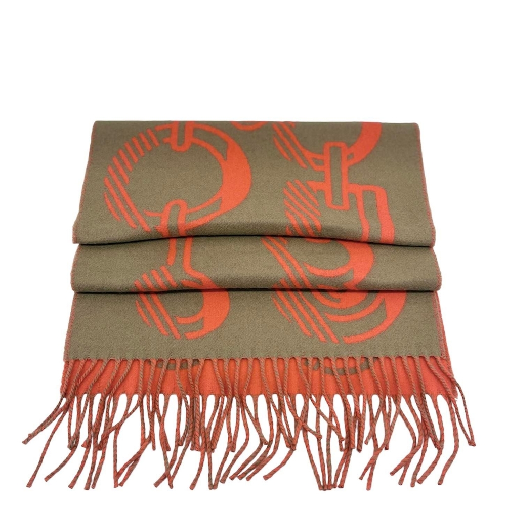 HERMES 經典喀什米爾羊絨雙面雙色抽象印花流蘇圍巾(橘/咖)