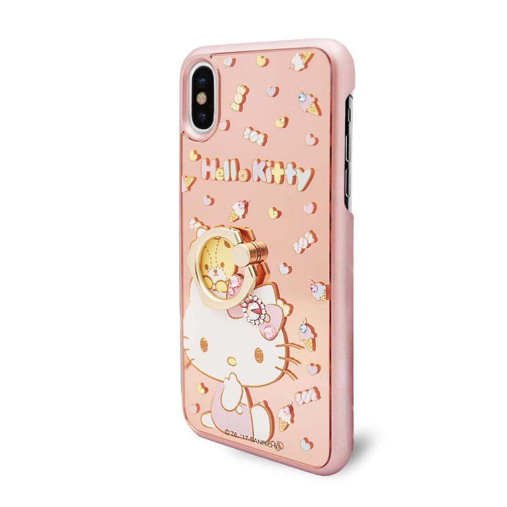 三麗鷗 Kitty iPhoneXS/iPhoneX 施華彩鑽鏡面指環扣手機殼-童趣凱蒂