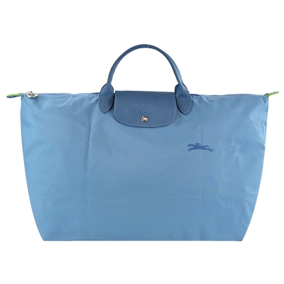 LONGCHAMP LE PLIAGE GREEN系列刺繡短把再生尼龍摺疊旅行袋(小/雷雨藍)