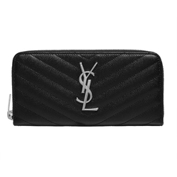 YSL MONOGRAM系列V字縫線魚子醬牛皮銀色LOGO拉鍊手拿長夾(黑)