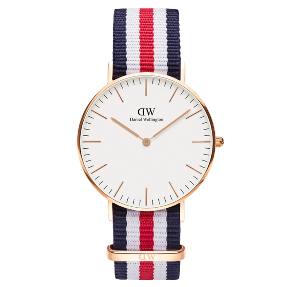 DW Daniel Wellington 經典學院風藍白紅帆布錶帶-金框/36mm