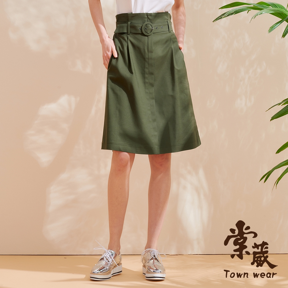 【TOWNWEAR棠葳】日系棉質高腰中長裙-附腰帶 2色(口袋/短裙/顯瘦/A字裙) (綠色系)