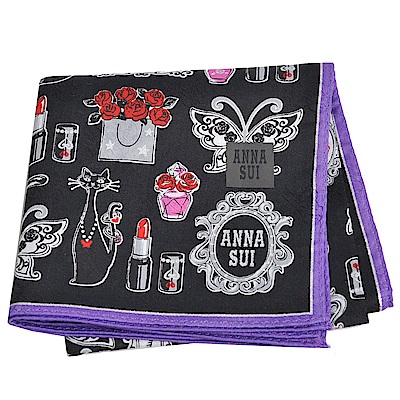 ANNA SUI 愛美的世界繽紛圖騰字母LOGO帕領巾(黑/紫色邊)