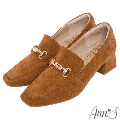 Ann’S手工MIT氣質T型金釦防水絨布粗跟樂福鞋5cm-棕