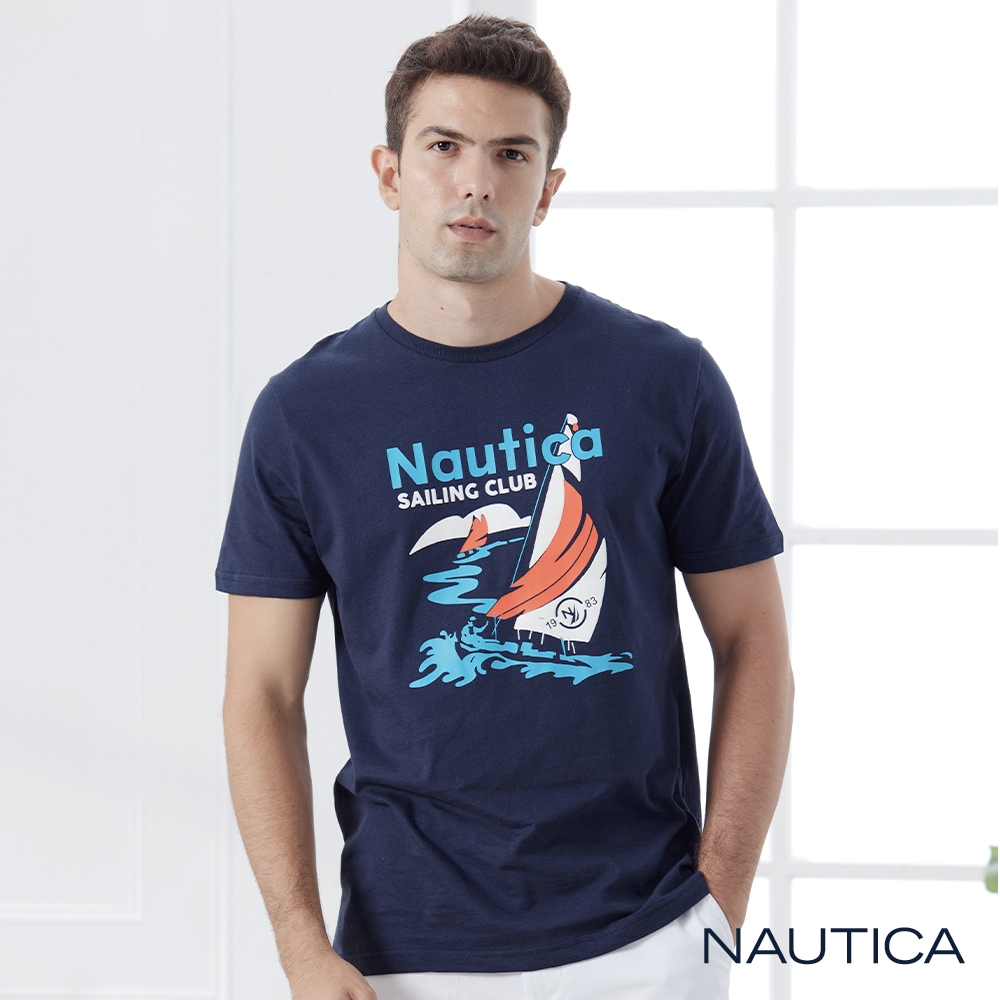 Nautica 男裝 植絨帆船純棉短袖T恤-深藍