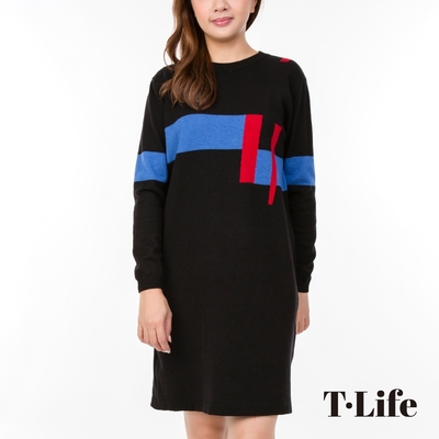 T.Life 簡約顯瘦色塊拼接造型針織洋裝(1色)