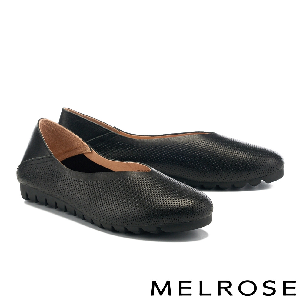 厚底鞋 MELROSE 簡約率性純色沖孔全真皮厚底娃娃鞋－黑