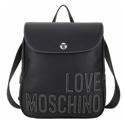 LOVE MOSCHINO 明線字母皮革掀蓋拉鍊後背包(黑色)