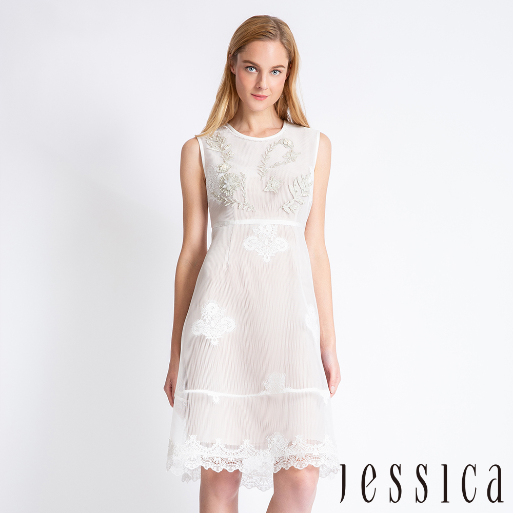 JESSICA - 立體造型拼接蕾絲修身洋裝（白）