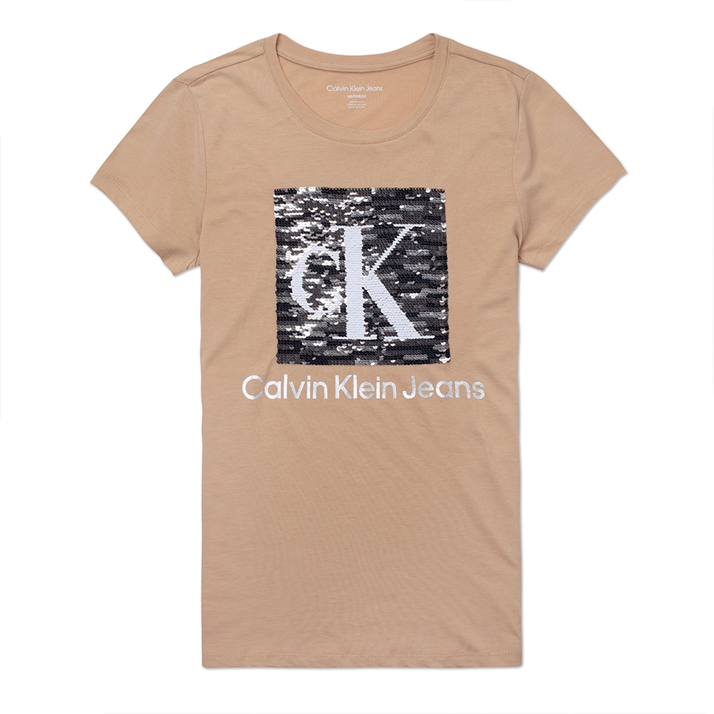 Calvin Klein 經典印刷亮片文字短袖T恤(女)-卡其色