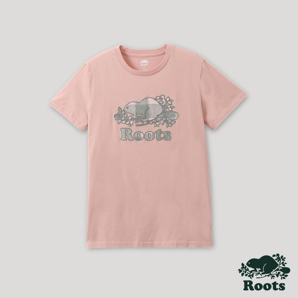 Roots 女裝- 格紋風潮系列 海狸LOGO短袖T恤-粉橘色