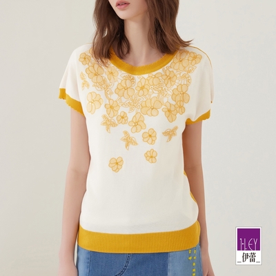 ILEY伊蕾 氣質花卉刺繡棉質羅紋針織上衣(黃色；M-XL)1231455008