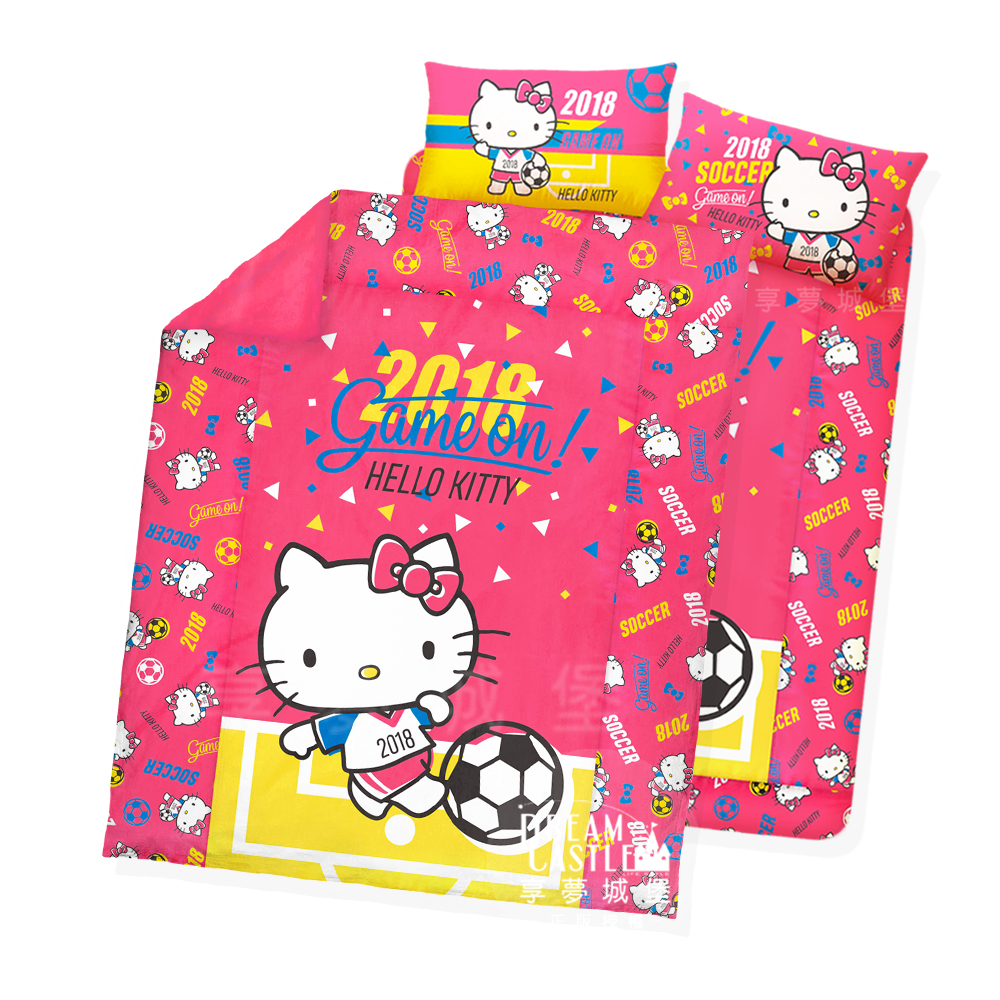 享夢城堡 雙人床包涼被四件組-HELLO KITTY 2018世足-粉.紅