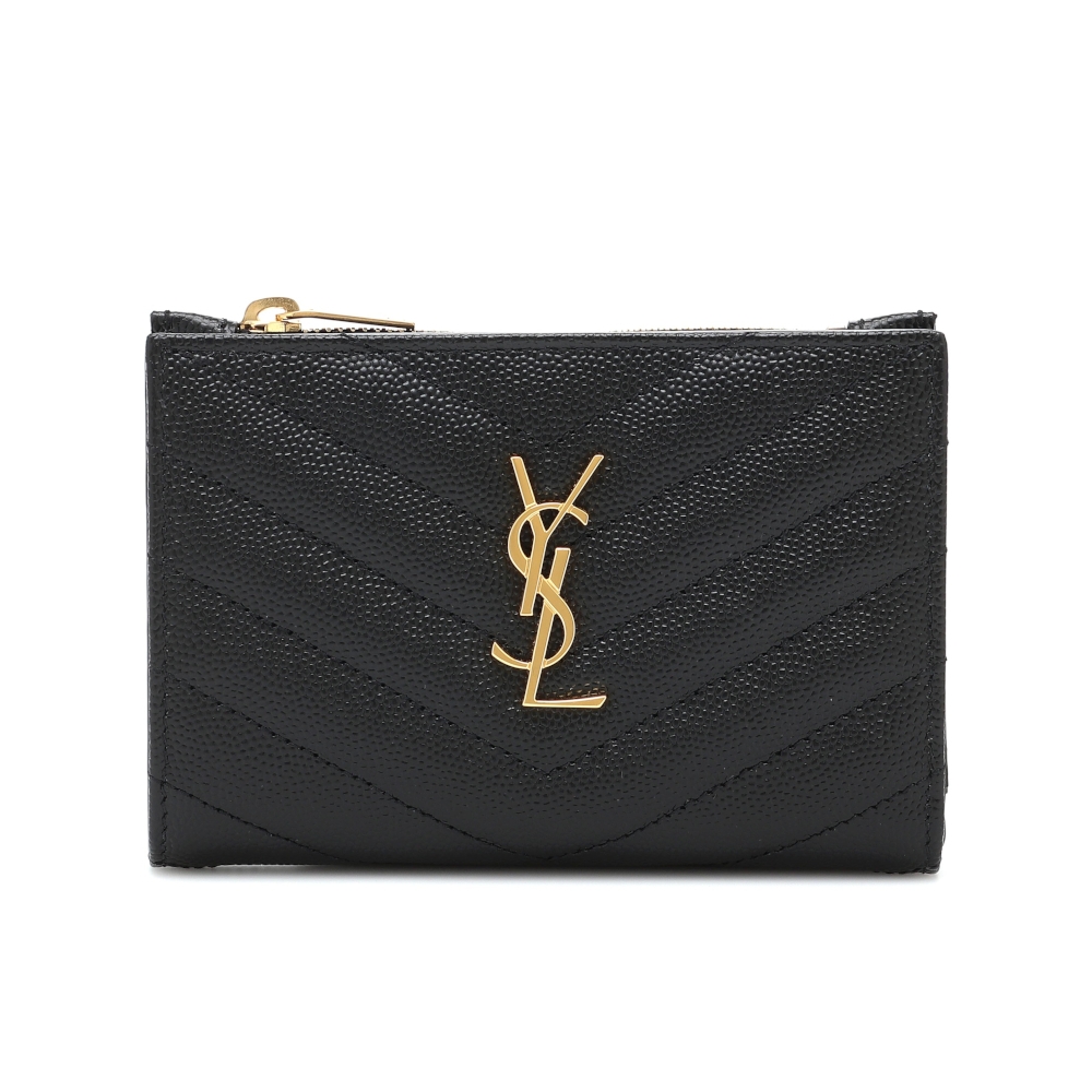 SAINT LAURENT YSL Monogram 粒面 壓紋皮革 拉鏈 兩摺 零錢包 卡夾 短夾 皮夾 黑色 金色