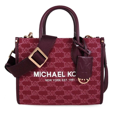 MICHAEL KORS Mirella 品牌大標緹花亮絲MK牛皮滾邊小手提肩斜兩用包(桑葚紫)