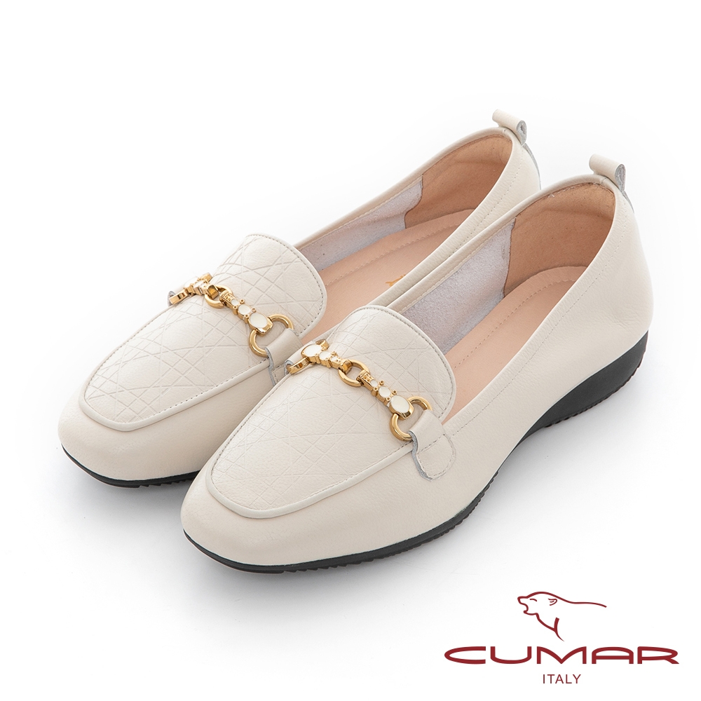 【CUMAR】車紋皮革同面色飾釦厚底樂福鞋-米白
