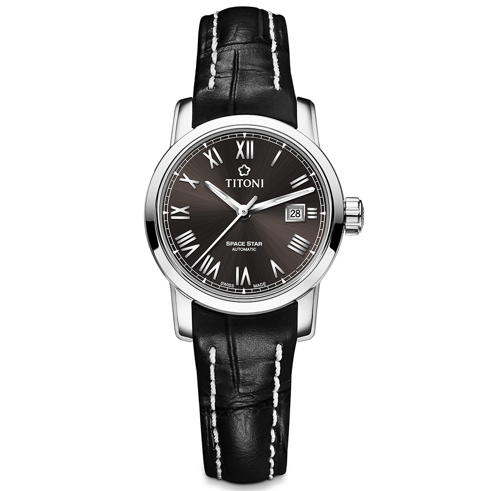 TITONI瑞士梅花錶 天星系列自動機械女錶 (23538 S-ST-570)-黑面皮帶/28mm