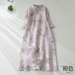 【絕版品出清】初色 復古改良旗袍棉麻風印花洋裝-粉色-61863(M-2XL可選)