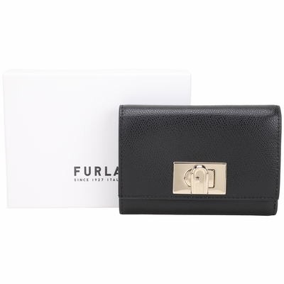 FURLA 1927 拱門旋釦防刮牛皮8卡三折中夾(黑色)