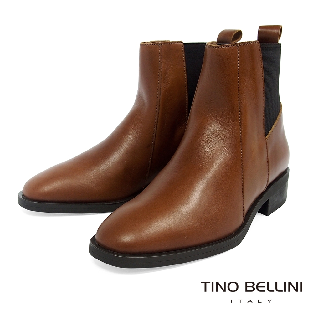 Tino Bellini 義大利進口牛皮拼彈力帶低跟短靴_棕