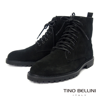 TINO BELLINI 男款牛麂皮內裡絨毛綁帶中筒黑靴
