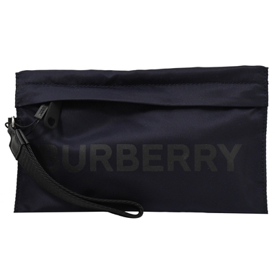 BURBERRY 巴寶莉 簡約燙印LOGO防潑水尼龍拉鍊手拿包/收納包(深藍)