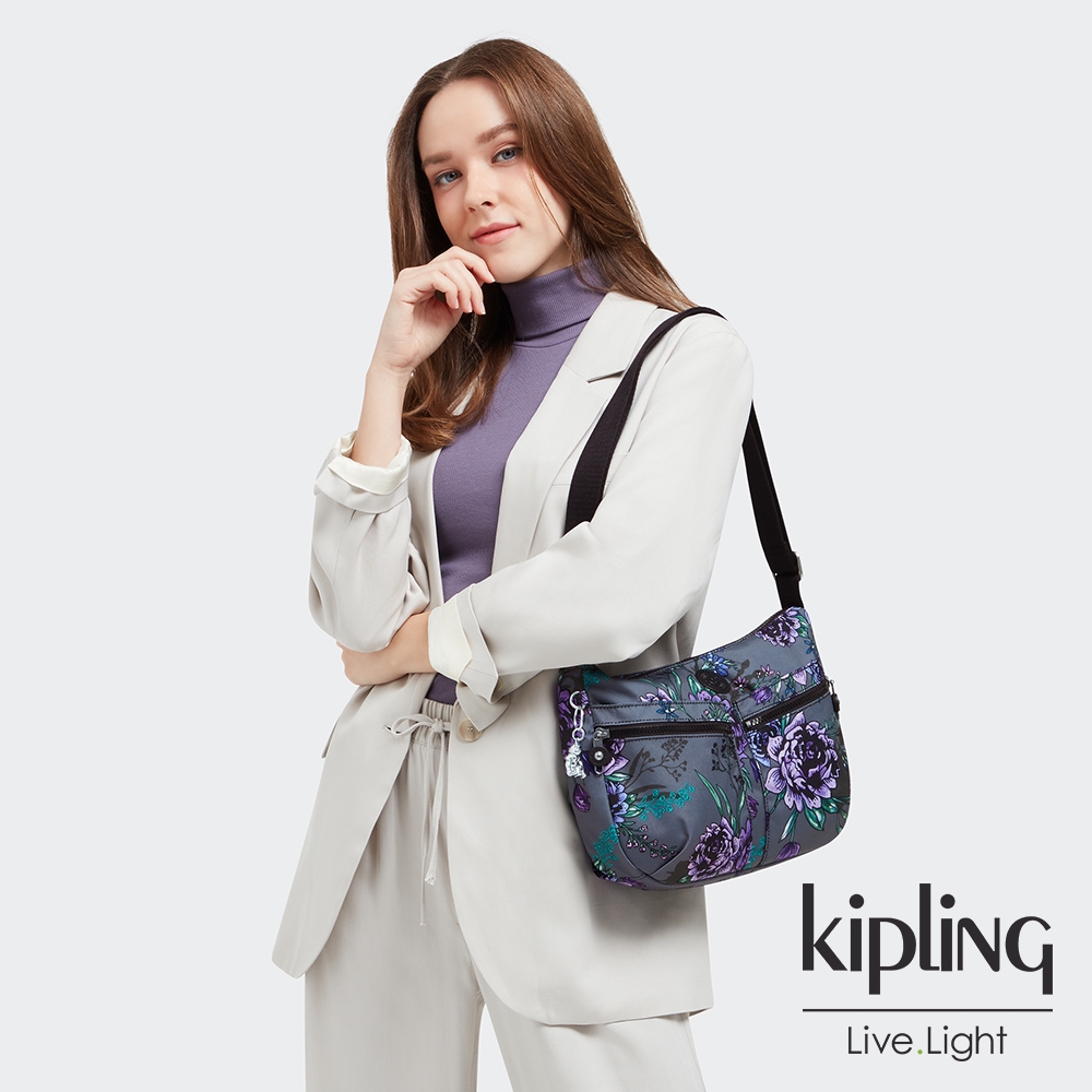 Kipling 復古手繪印花雙拉鍊前袋肩背包-IZELLAH