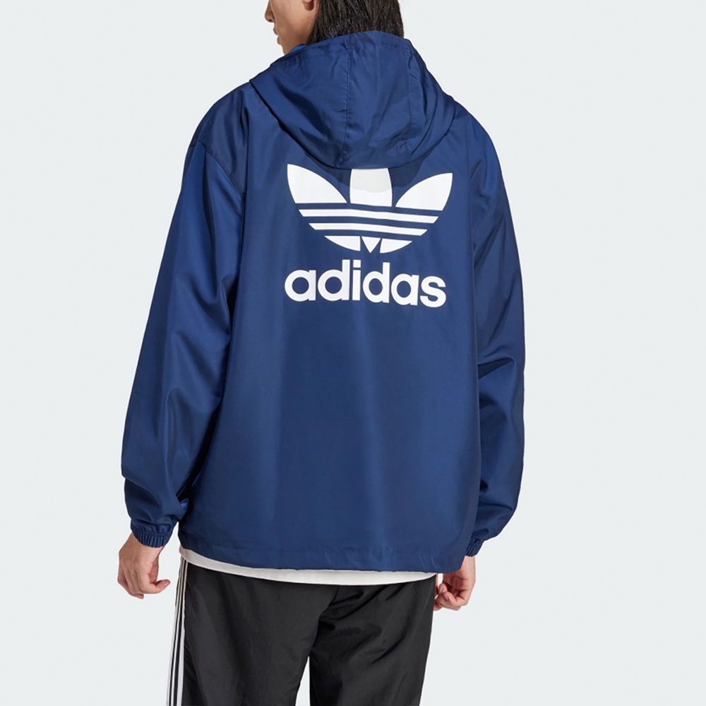 adidas 外套Trefoil Windbreaker 男款藍白防風連帽外套抽繩風衣夾克愛