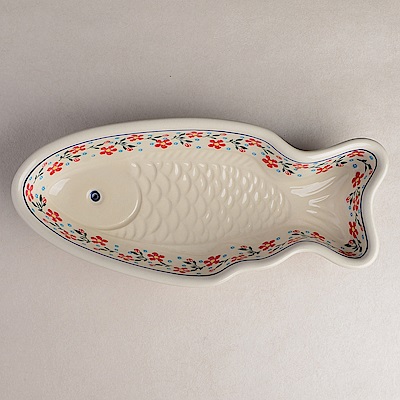 【波蘭陶 Zaklady】 藍印紅花系列 魚形餐盤 16x35cm 波蘭手工製