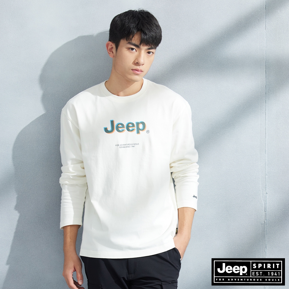 JEEP 男裝 品牌文字LOGO厚磅長袖T恤-白色