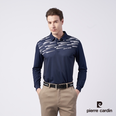 Pierre Cardin皮爾卡登 男款 吸濕排汗 胸前數位印花 網眼針織 薄長袖POLO衫-丈青色(3195203-39)