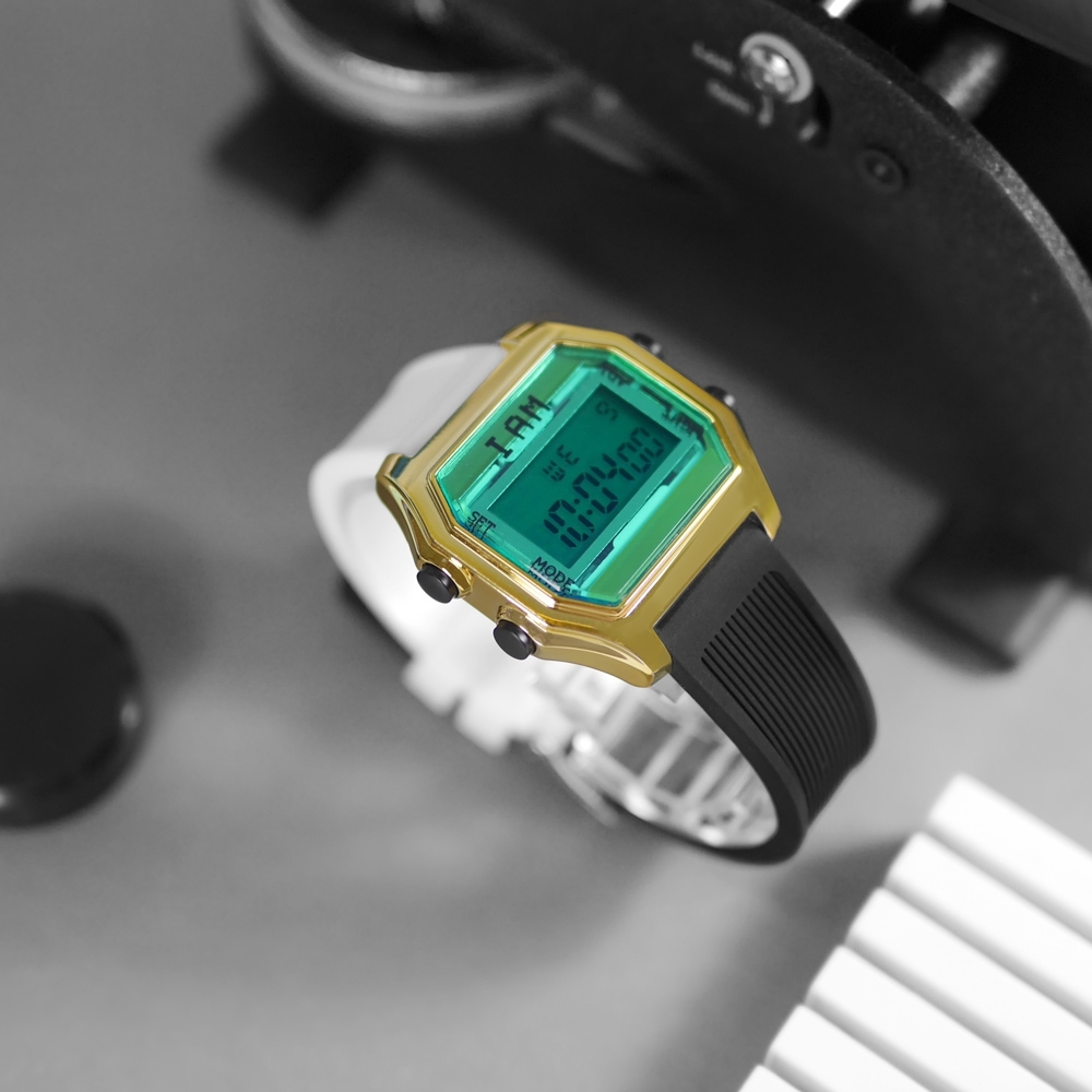 I AM 電子液晶 繽紛色彩 錶帶自由搭配 矽膠手錶-藍綠x金x黑 33mm