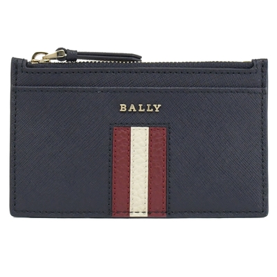 BALLY SANDHY 金屬LOGO牛皮拉鍊卡片零錢包(深藍)