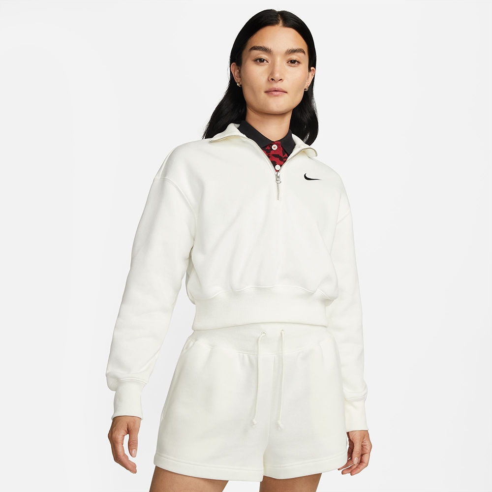 NIKE 上衣女款長袖上衣立領上衣運動短版AS W NSW PHNX FLC QZ CROP 白