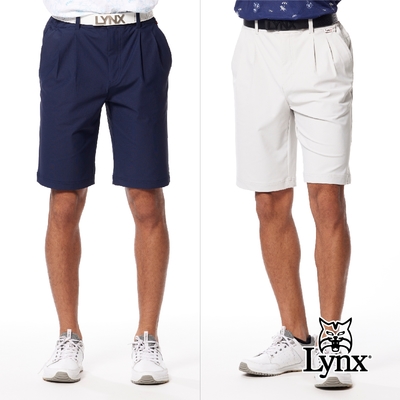 【Lynx Golf】男款日本進口面料環保素材抗UV涼感機能素面外觀後袋山貓繡花雙折休閒短褲(二色)